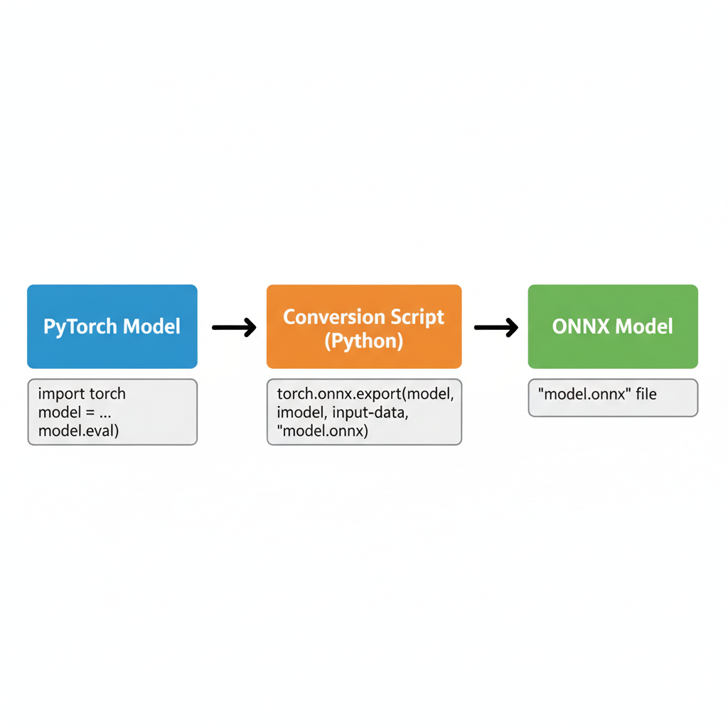 simple diagram of ML model conversion from PyTorch to ONNX format with arrows and code snippet