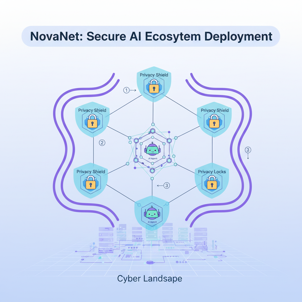 deployed secure AI agent ecosystem, NovaNet network, privacy shields and locks, cyber landscape