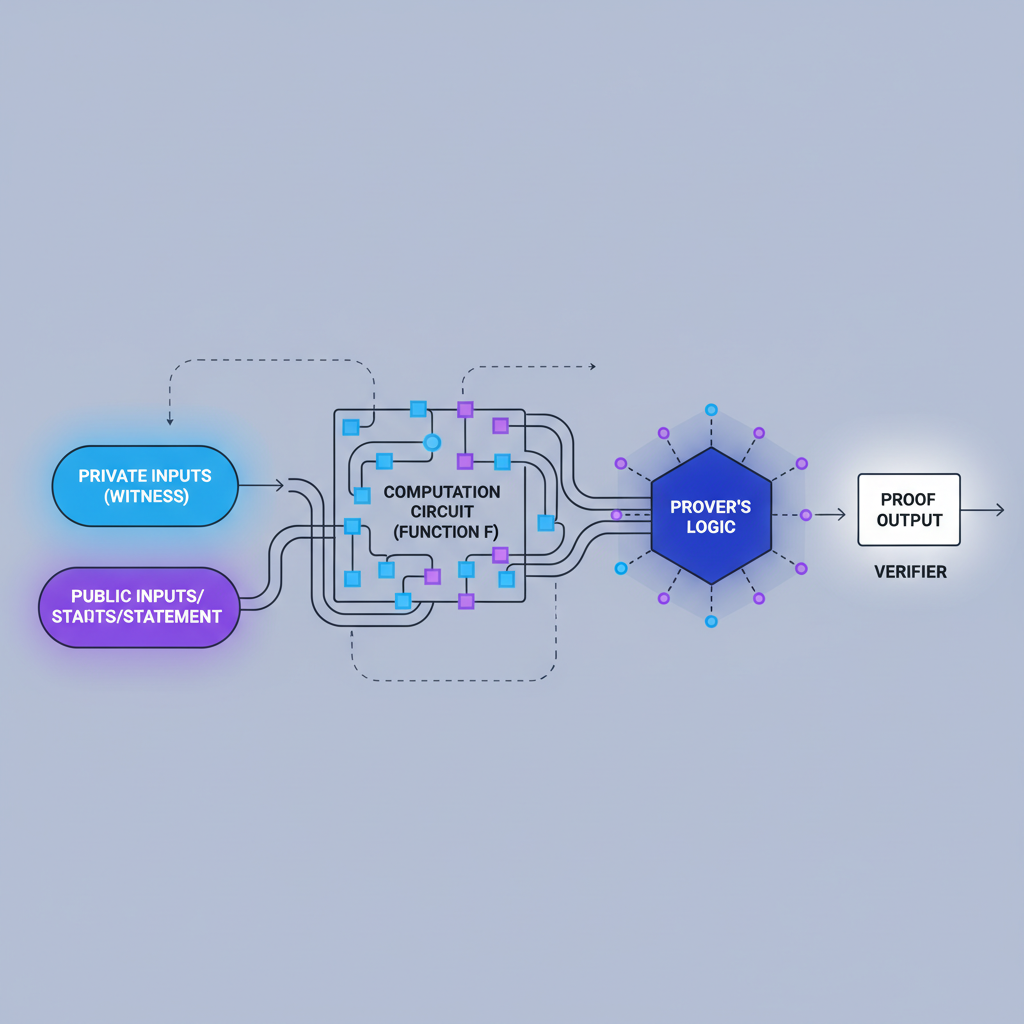 zero-knowledge proof generation circuit diagram, cryptographic nodes glowing
