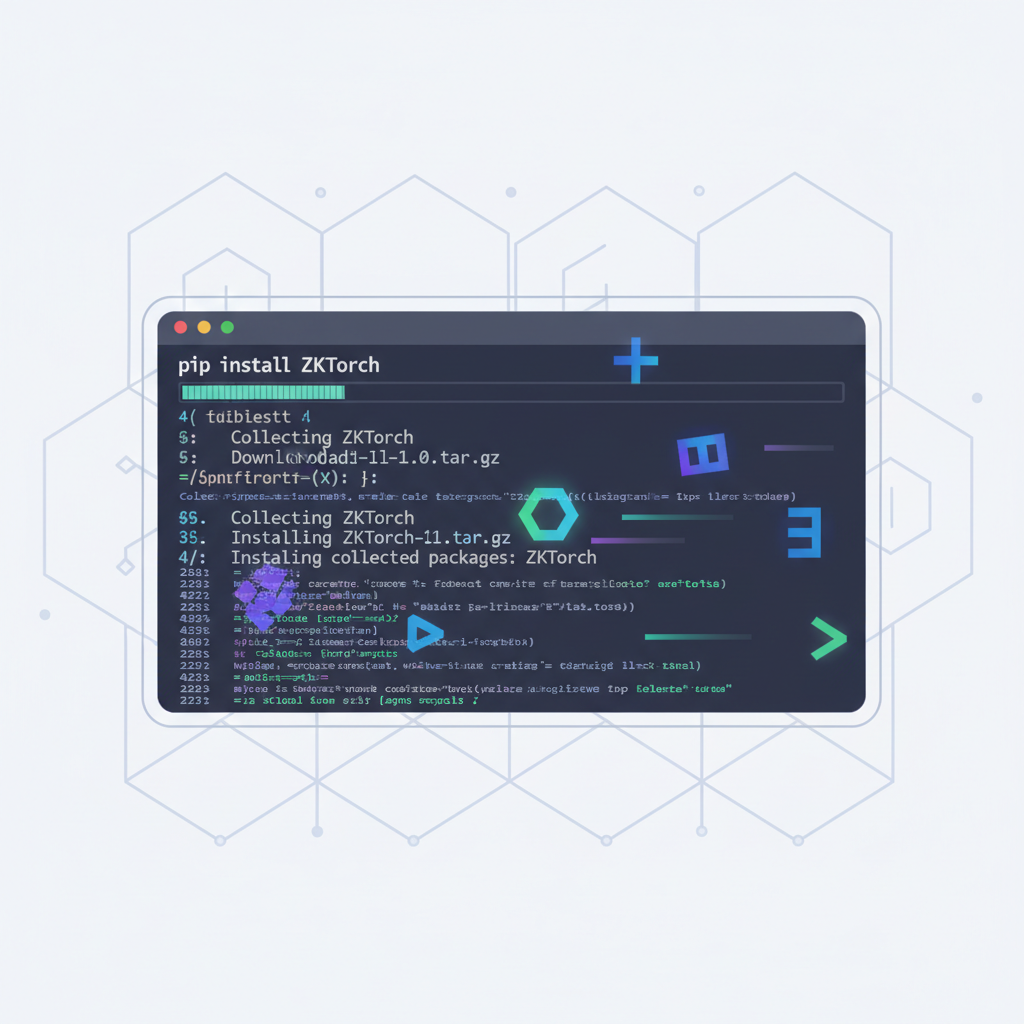 Developer terminal installing ZKTorch package, code lines scrolling, futuristic zk proofs glowing