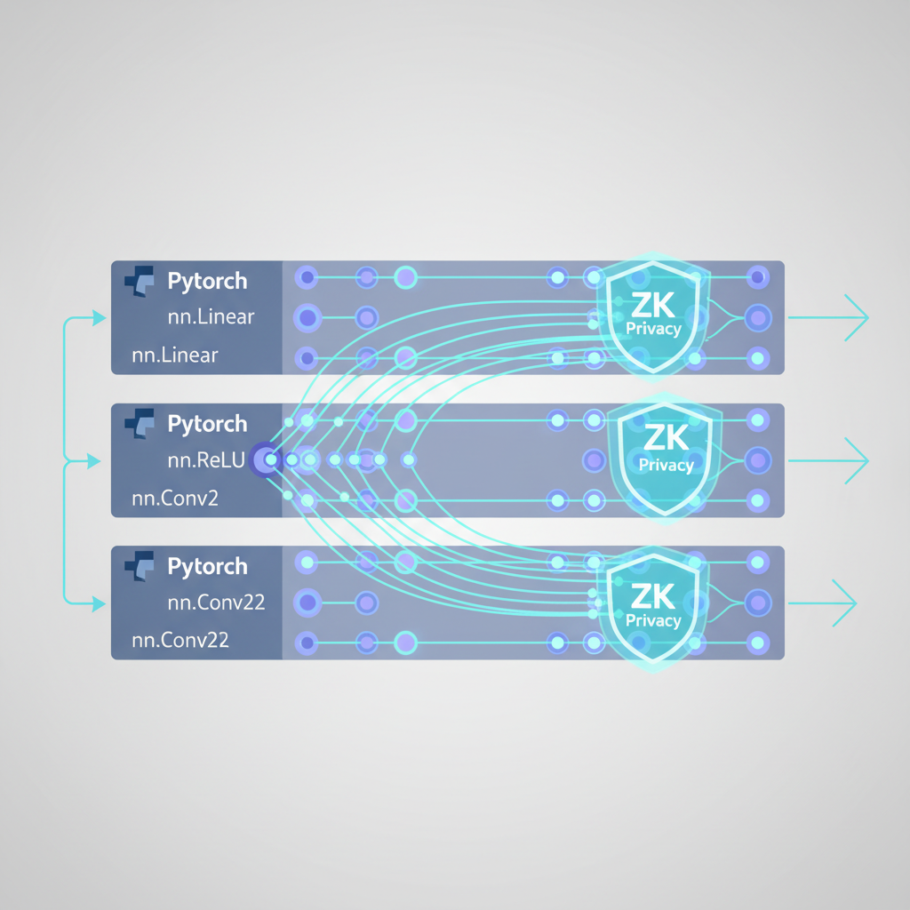 PyTorch neural network diagram, layers connected with glowing nodes, zk privacy shields