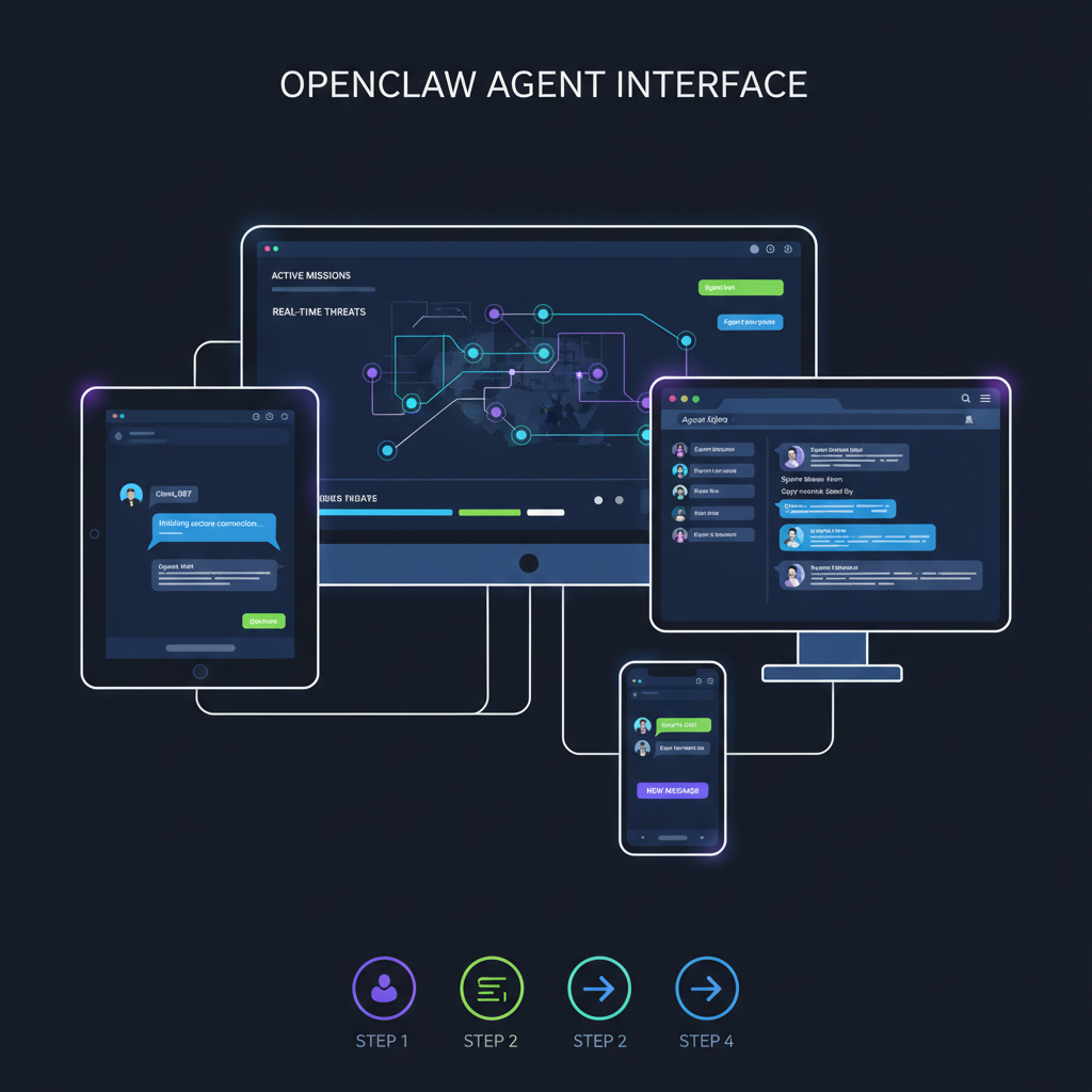OpenClaw agent dashboard active, chat interfaces on phone and web, futuristic UI glow