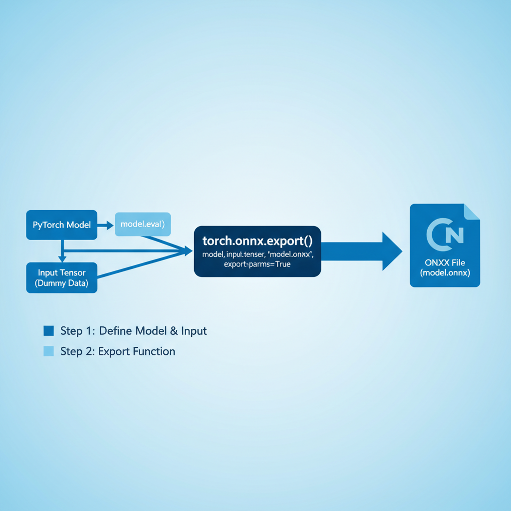technical diagram PyTorch model exporting to ONNX file, clean lines blue tones