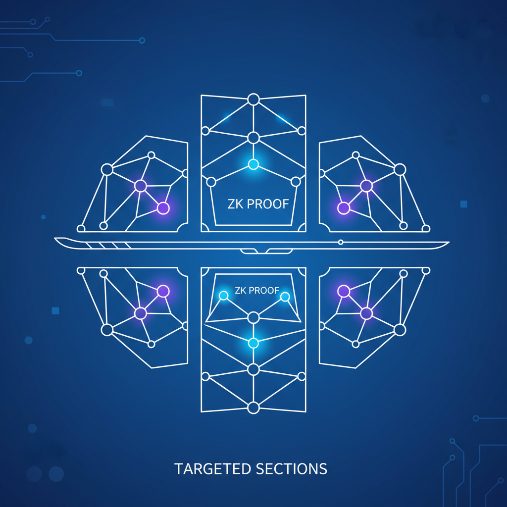 AI neural network diagram being sliced into targeted sections with glowing ZK proof highlights, futuristic tech illustration