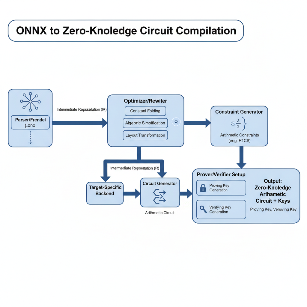 flowchart showing ONNX model compilation to zero-knowledge arithmetic circuit, circuit diagram elements, analytical style