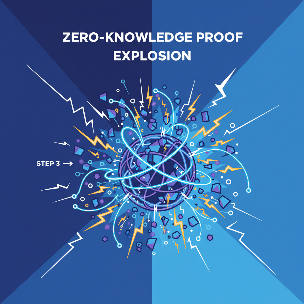 AI agent generating exploding zero-knowledge proof orb, electric sparks and circuits, dynamic action scene