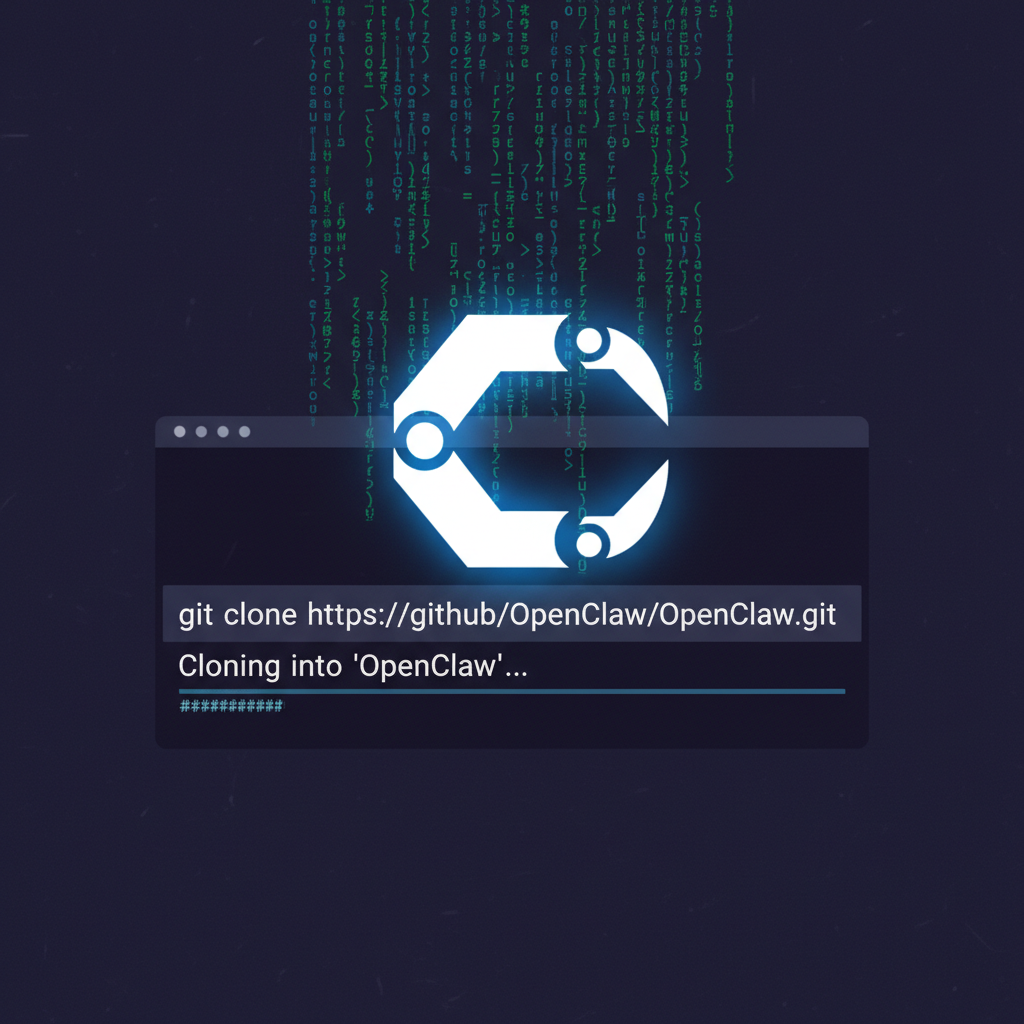 git clone command in terminal on dark background, OpenClaw logo emerging, code rain effect