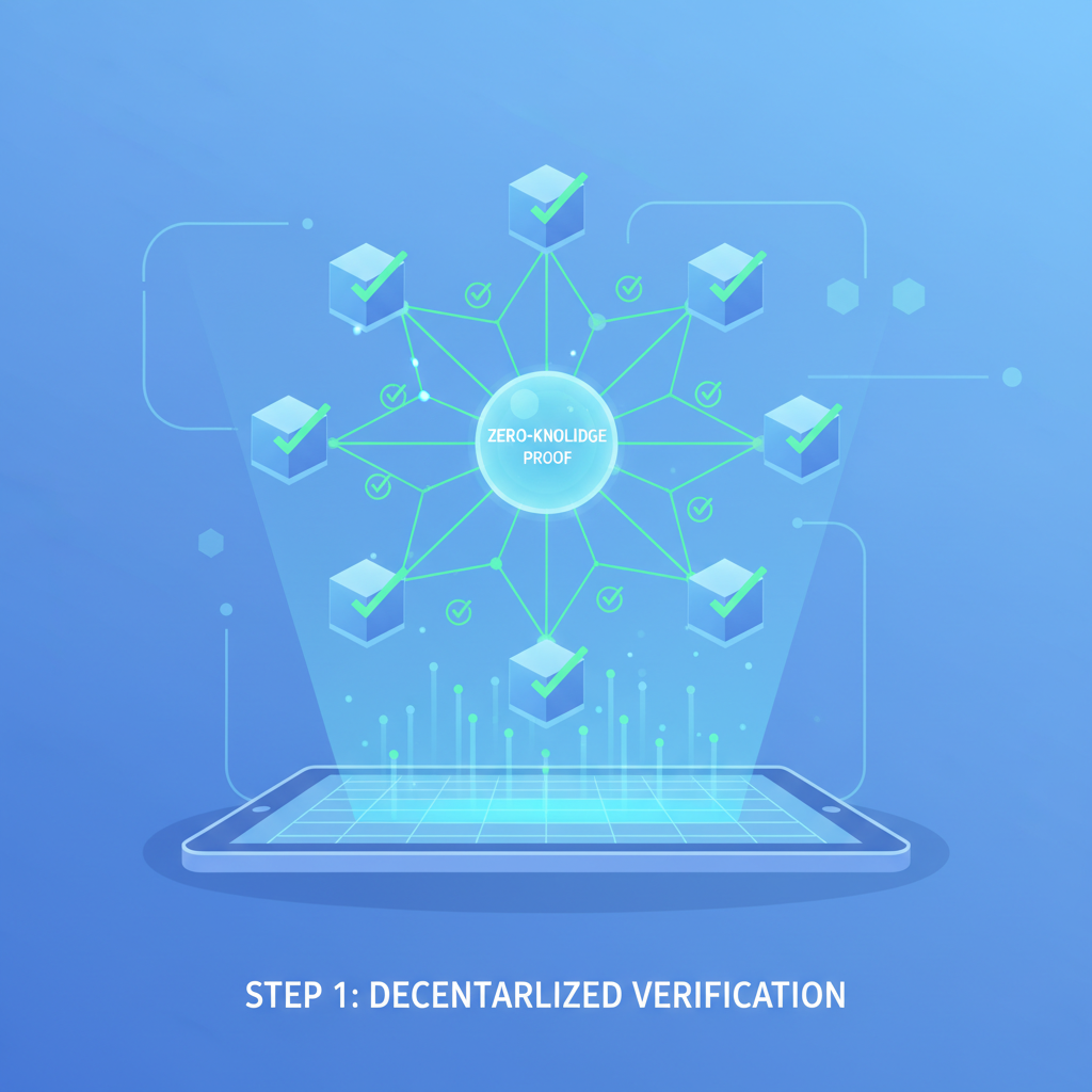 decentralized nodes network verifying ZK proof, blockchain nodes connected with green checkmarks, holographic display