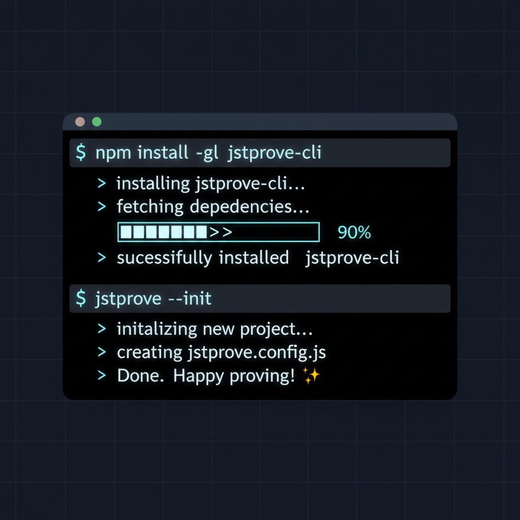 command line terminal installing JSTprove toolkit, code snippets, dark mode