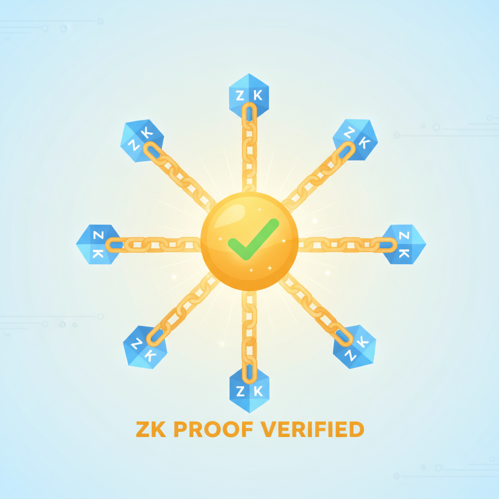 blockchain nodes verifying ZK proof, golden chains linking, success glow